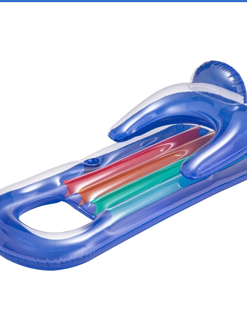 Blue Inflatable Pool Lounger with Multicolor Stripes